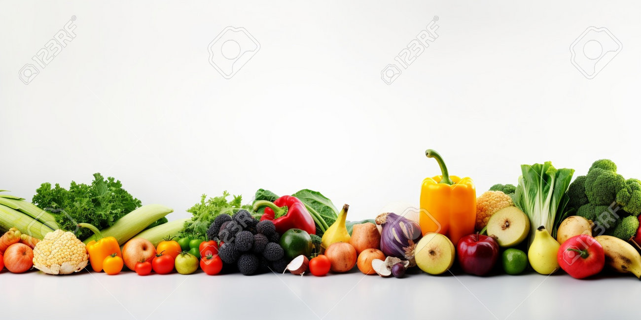 Organic Food Background And Copy Space. Food Photography Different Fruits  And Vegetables Isolated White Background. High Resolution Product :  Generative AI Stock Photo, Picture and Royalty Free Image. Image 214912059., image size:1300x650