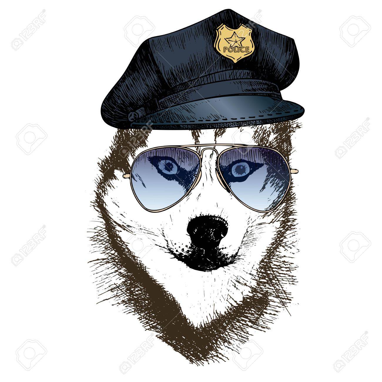 Vector Nahaufnahme Portrat Von Polizeihund Auf Siberian Husky Die Spitzenkappe Und Sonnenbrillen Tragt Hand Inlandischen Haustier Hund Illustration Gezeichnet Isoliert Auf Weissem Hintergrund Lizenzfrei Nutzbare Vektorgrafiken Clip Arts