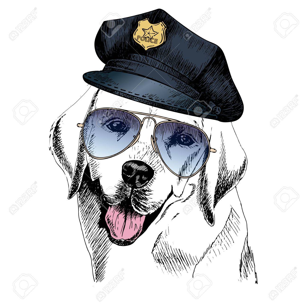 Vector Nahaufnahme Portrat Von Polizeihund Auf Labrador Retriever Die Spitzenkappe Und Sonnenbrillen Tragt Hand Inlandischen Haustier Hund Illustration Gezeichnet Isoliert Auf Weissem Hintergrund Lizenzfrei Nutzbare Vektorgrafiken Clip Arts