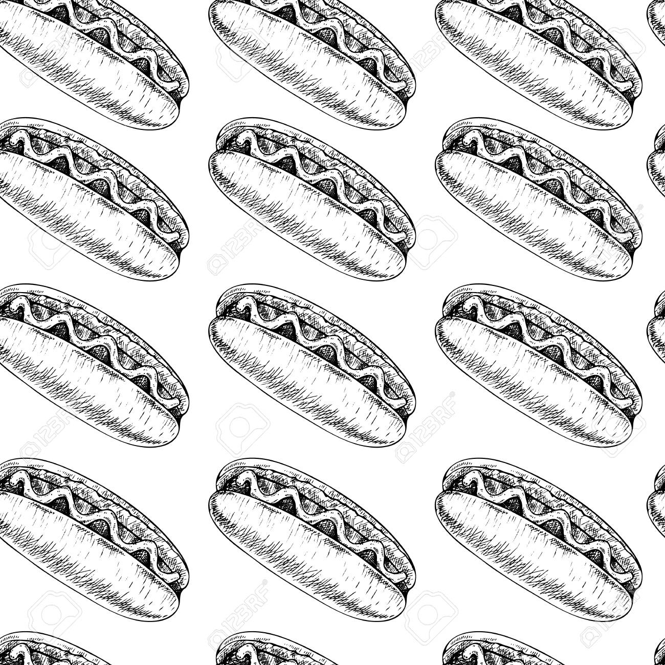 ベクトル手描きのアメリカンホットドッグのシームレスなパターン ファーストフードの手描きセット ヴィンテージ刻印イラスト 白で隔離されたレストラン メニュー ストリートフード ベーカリー カフェ ロゴ チラシ のイラスト素材 ベクタ Image 91387298