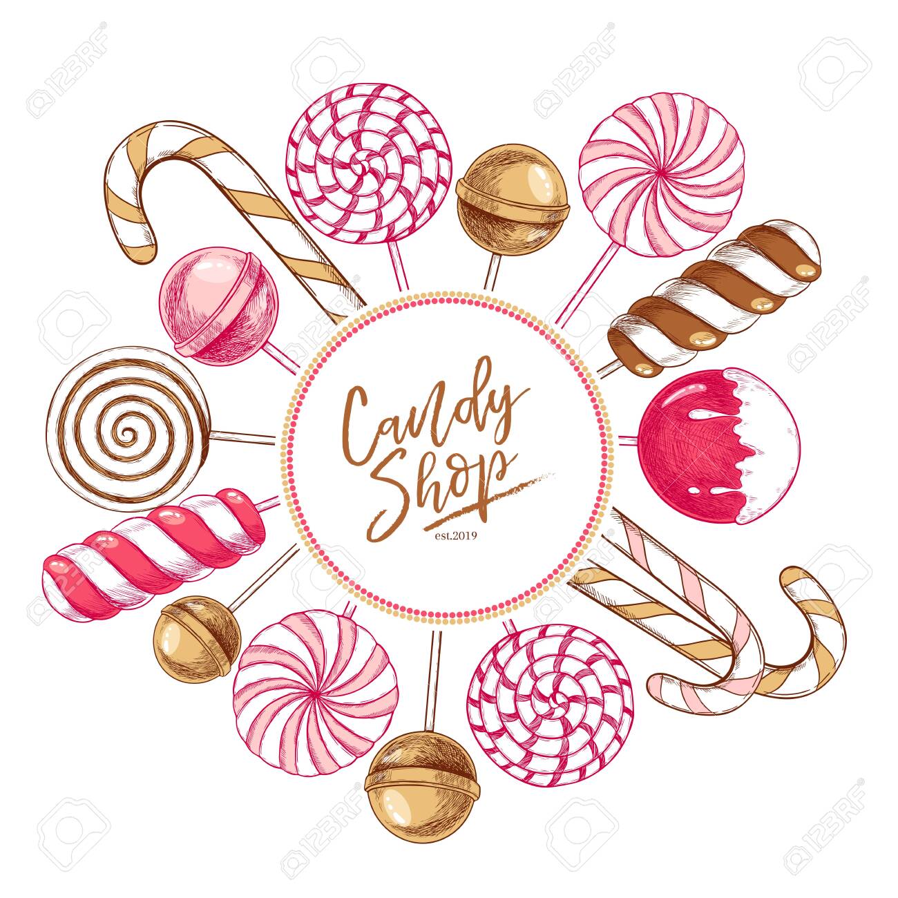 Hand Drawn Set Of Sweet Candies. Twisted Caramel Lollipops, Candy Pertaining To Food Label Template For Party
