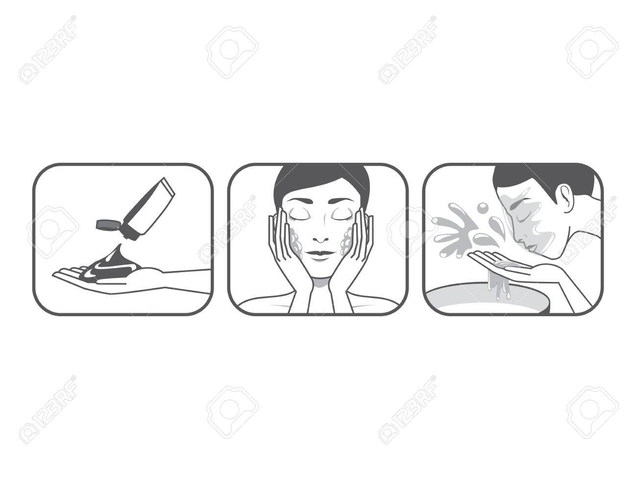 グレーの色の美しさの女性版漫画の洗顔へのステップ ガイド のイラスト素材 ベクタ Image