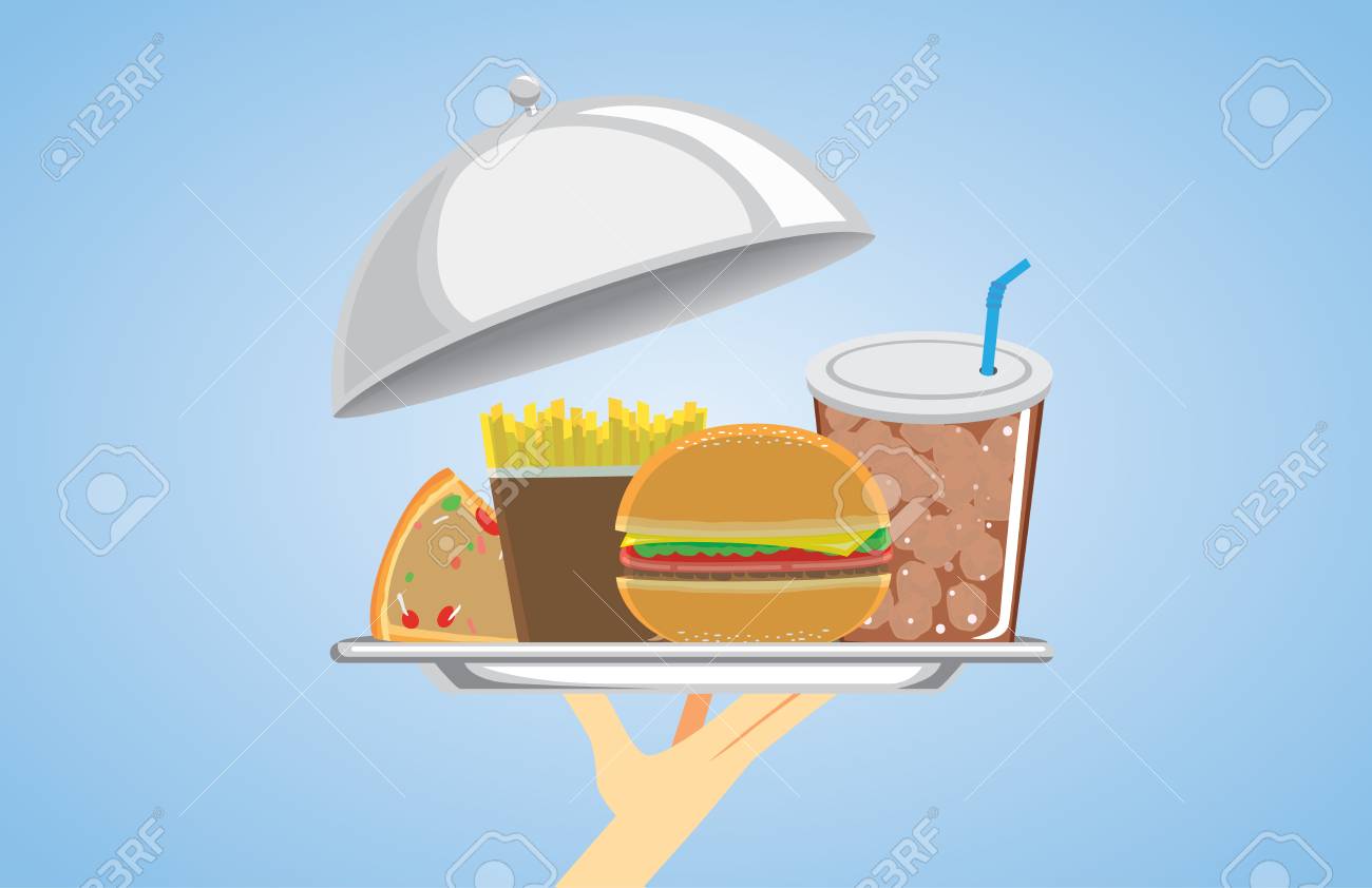 銀の皿にファーストフードのセットを持っている手 アメリカの食べ物のイラストです のイラスト素材 ベクタ Image