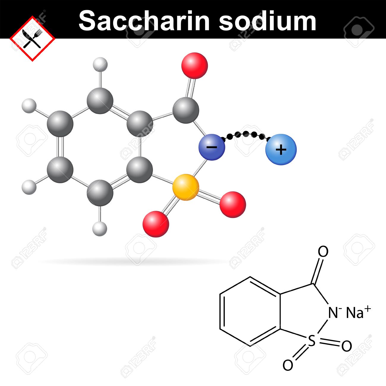 ナトリウム サッカリン酸 人工甘味料化学モデルと分子構造 E954 食品添加物 2 D および 3 D 図 のイラスト素材 ベクタ Image 62920437