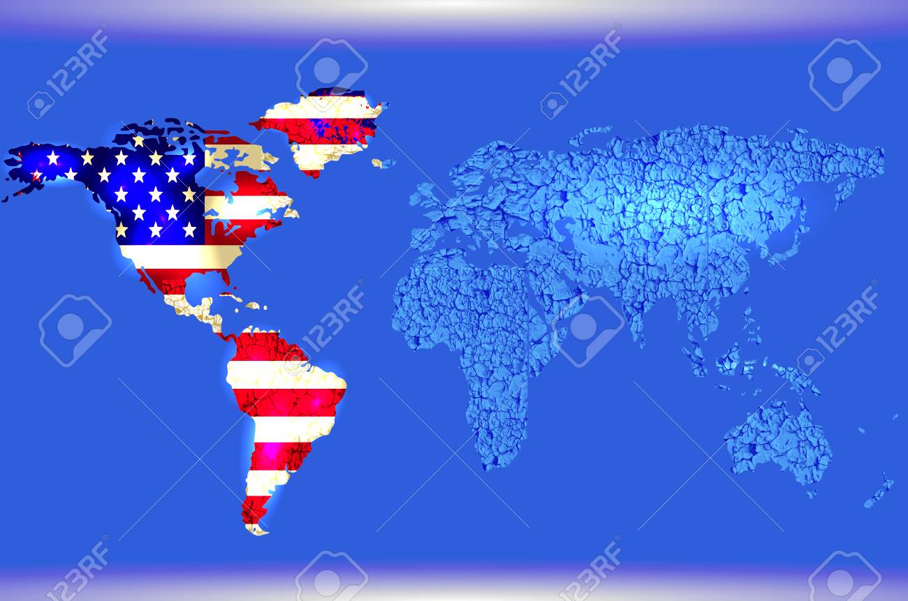 青い説明された世界地図 抽象的なテクスチャ ライン アメリカの国旗 のイラスト素材 ベクタ Image