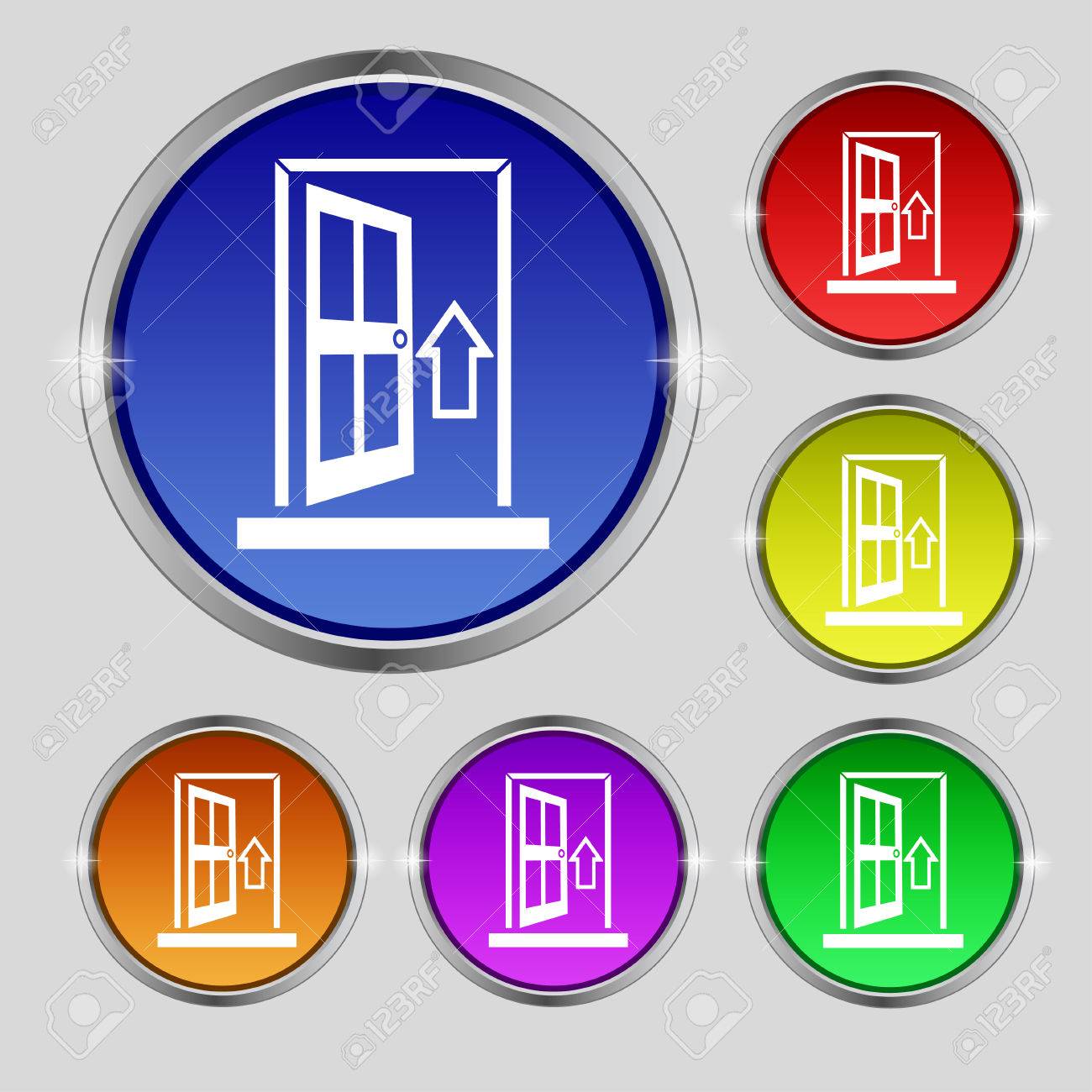 ドア Enter または出口アイコンの記号 明るいカラフルなボタンの丸いシンボルのイラスト素材 ベクタ Image