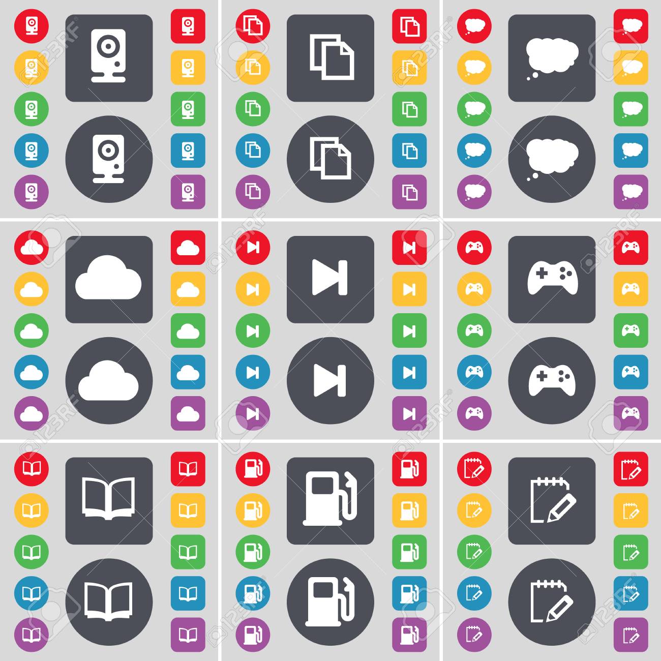 Lautsprecher Kopieren Chat Wolke Wolke Medien Uberspringen Gamepad Buch Tankstelle Notebook Symbol Symbol Eine Grosse Menge Von Flachen Farbigen Tasten Fur Ihr Design Illustration Lizenzfreie Fotos Bilder Und Stock Fotografie Image 48873454