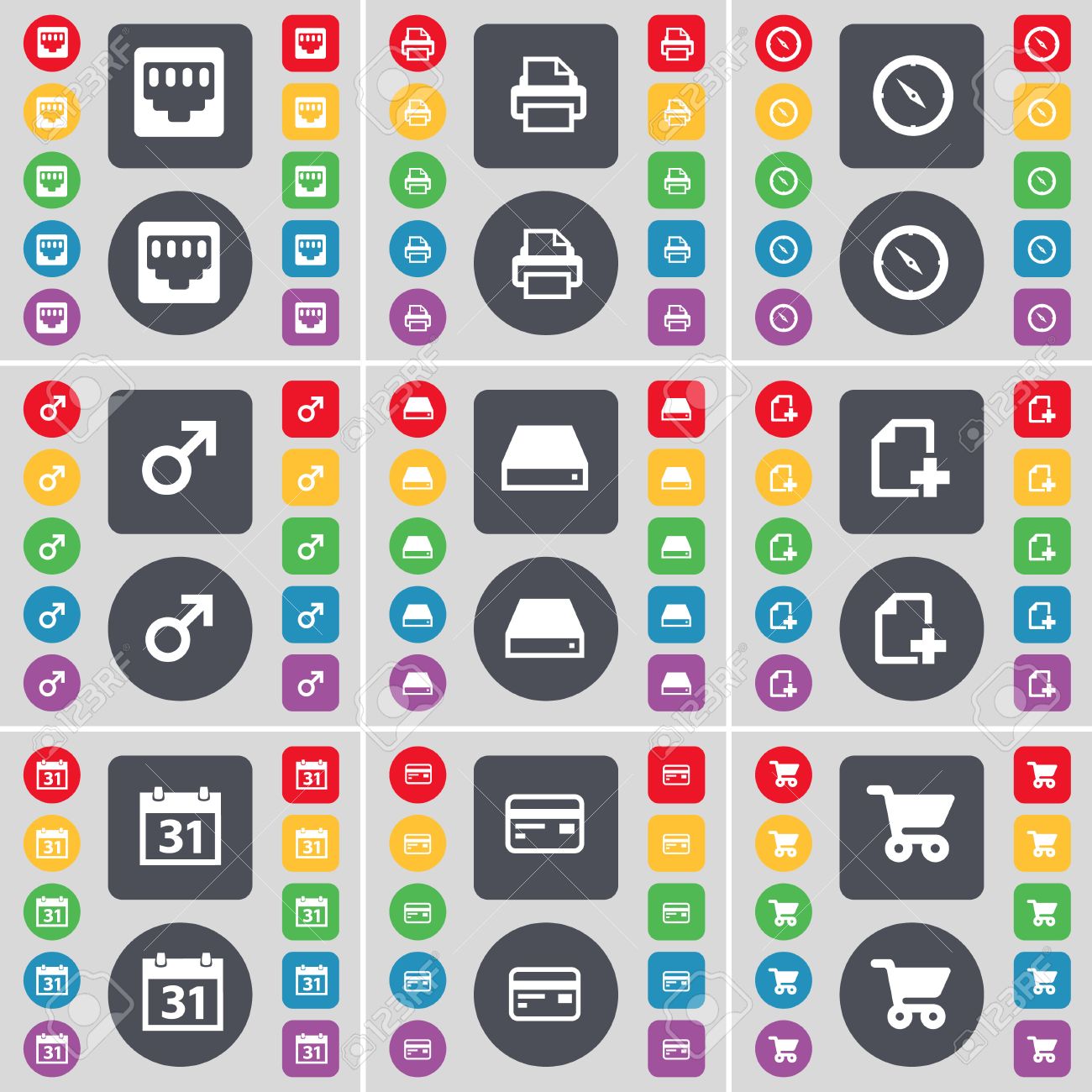 Lan ソケット プリンター コンパス 火星のシンボル ハード ドライブ ファイル カレンダー カード ショッピング カート アイコンのシンボル あなたのデザインのフラット 色付きのボタンの大規模なセット 図 の写真素材 画像素材 Image 4490