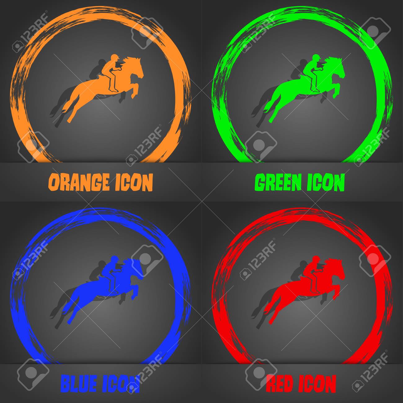 馬のレース ダービー 馬術スポーツ 馬のアイコンをレースのシルエット おしゃれなモダンなスタイル オレンジ 緑 青 赤のデザイン ベクトル図 のイラスト素材 ベクタ Image