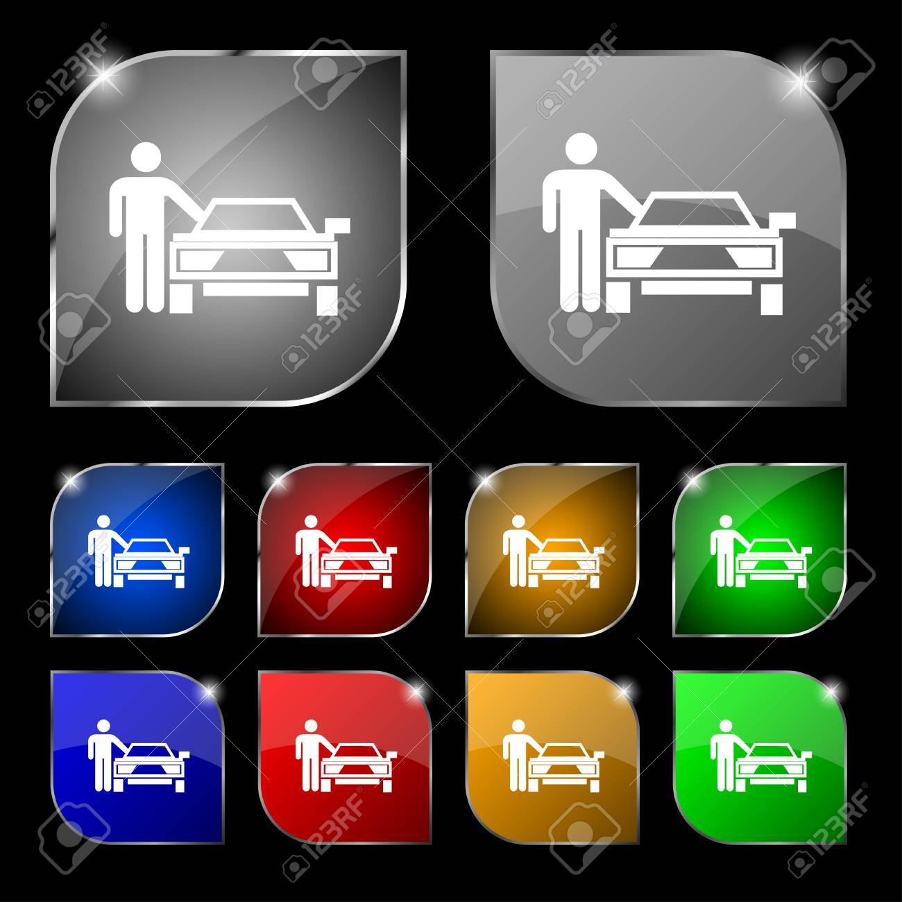 Person Up Hailing A Taxi Icon Sign Set Of Ten Colorful Buttons