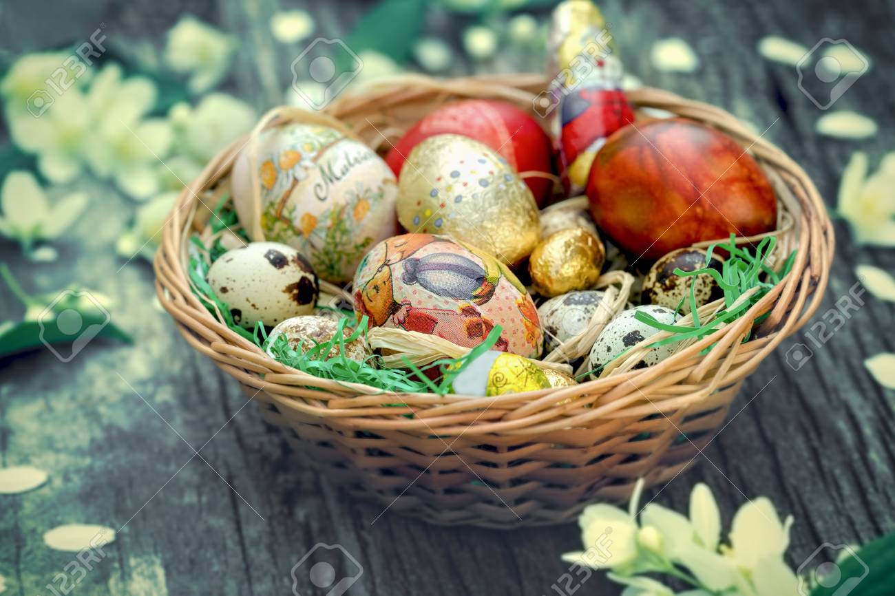 Easter Basket With Easter Eggs Easter Decorations On Rustic Stock Photo Picture And Royalty Free Image Image 72449991