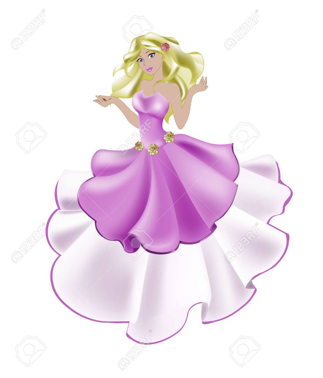 素晴らしいプリンセス ピンクのドレスで金髪が黄金の薔薇をあしらった のイラスト素材 ベクタ Image