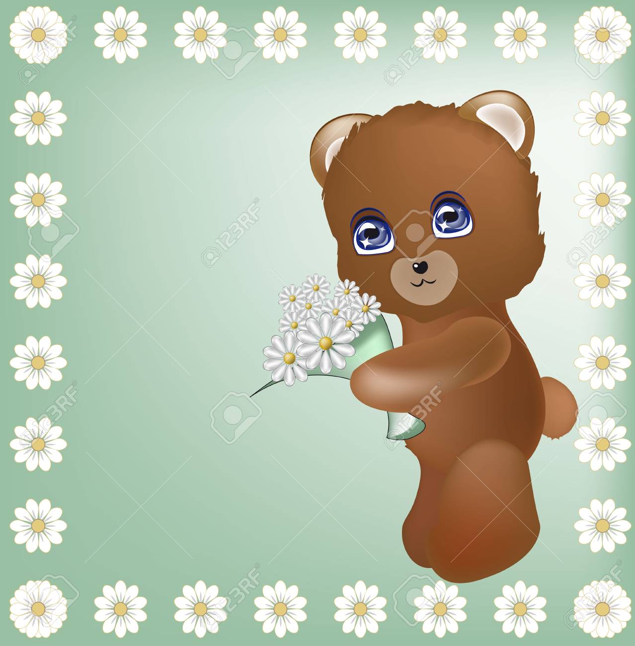 Ours En Peluche Attente Bouquet Avec Flpwer Blanc Carte De Felicitations Clip Art Libres De Droits Vecteurs Et Illustration Image
