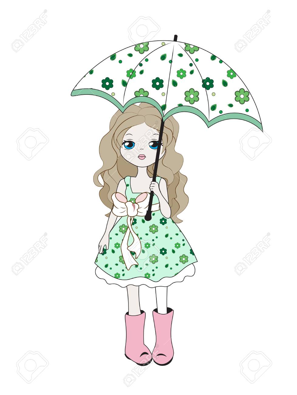 T シャツ グラフィックかわいい女の子ドレスの花と傘 長靴は のイラスト素材 ベクタ Image