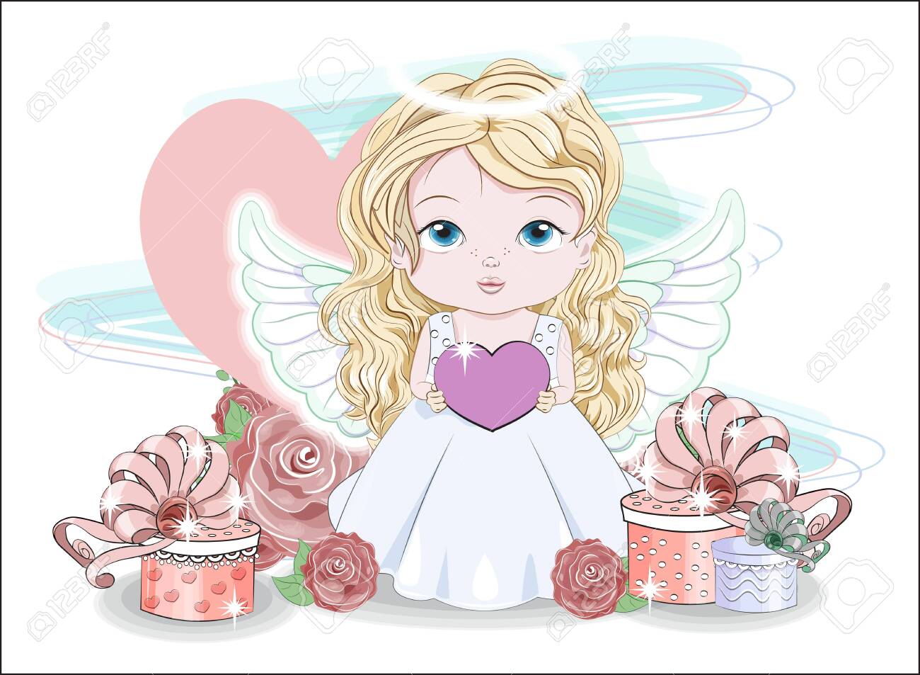 Valentine Cute Baby Angel Girl, With Heart And Gifts In Roses. Picture In Hand Drawing Cartoon Style, For T-shirt Wear Fashion Print Design, Valentine Greeting Card, Postcard. Party Invitation. Royalty Free SVG, Valentine Cute Baby Angel Girl, With Heart And Gifts In Roses. Picture In Hand Drawing Cartoon Style, For T-shirt Wear Fashion Print Design, Valentine Greeting Card, Postcard. Party Invitation. Royalty Free SVG,
