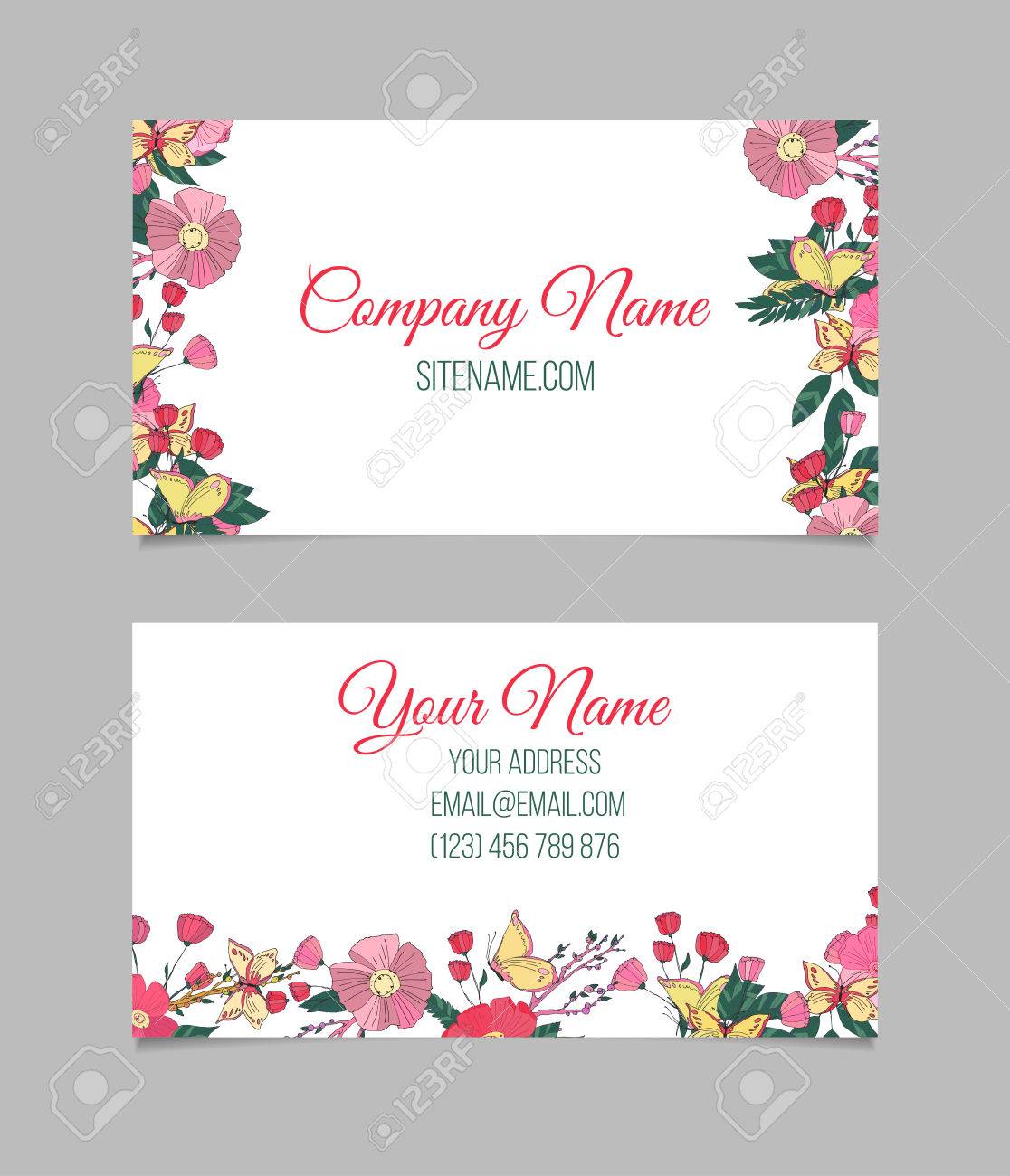double sided floral business card with hand drawn small flowers floral business cards