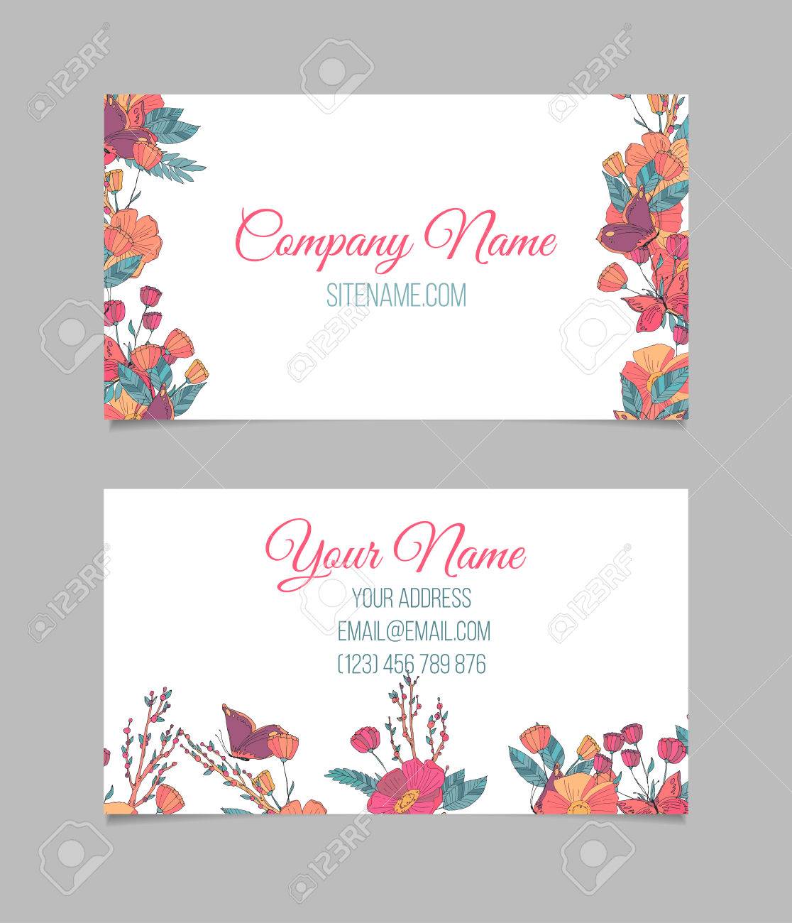 double sided floral business card with hand drawn small flowers floral business cards