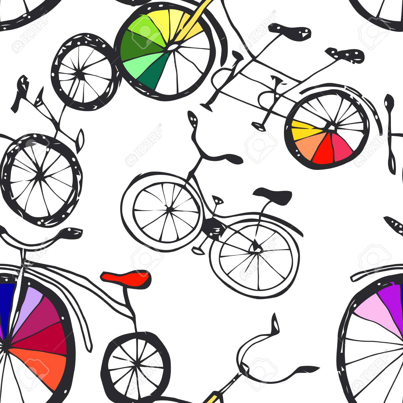 白のかわいい落書き自転車。シームレスなパターンは、漫画のスタイルの 