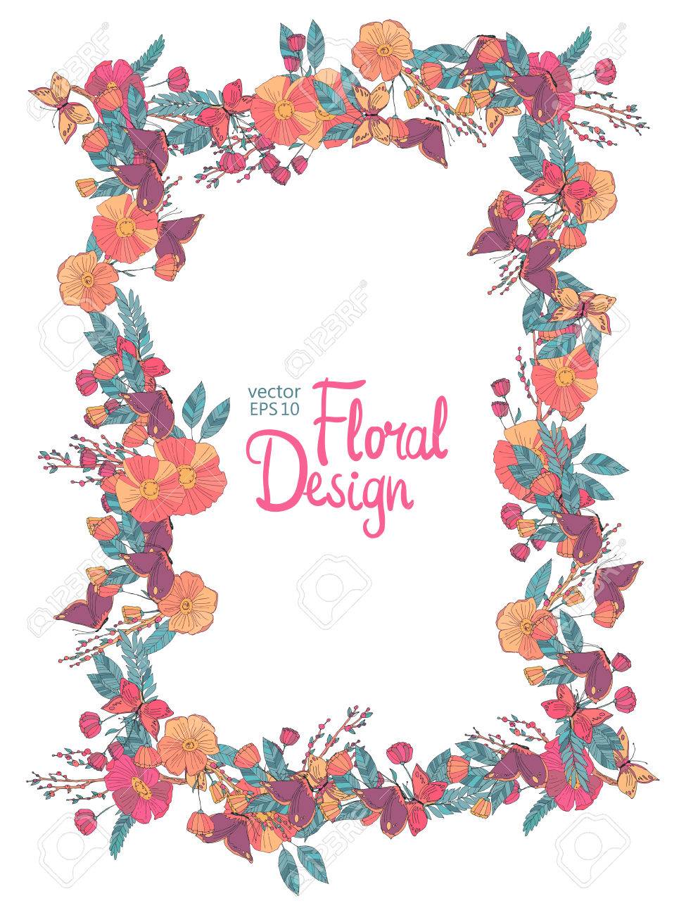 花果実と蝶と花の垂直フレーム 招待状や Creeting カードの良いのイラスト素材 ベクタ Image