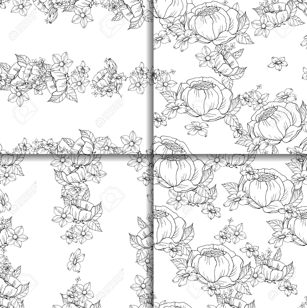 Senza Soluzione Di Continuità In Bianco E Nero Motivo Floreale Set Con Peonie Disegnati A Mano Quattro Illustrazioni Vettoriali Per Il Vostro Disegno