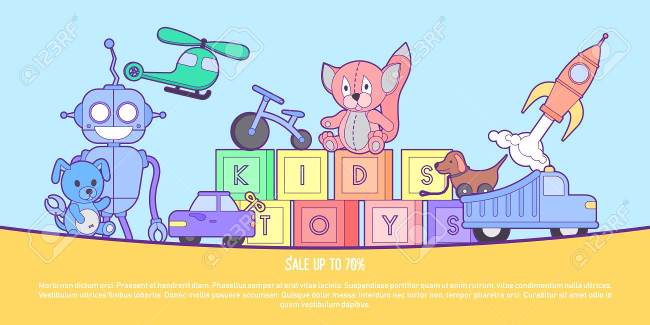 男の子と女の子のための異なるおもちゃのセットで販売バナーベクトルイラストのイラスト素材 ベクタ Image 男の子と女の子のための異なるおもちゃのセットで販売バナーベクトルイラストのイラスト素材 ベクタ Image
