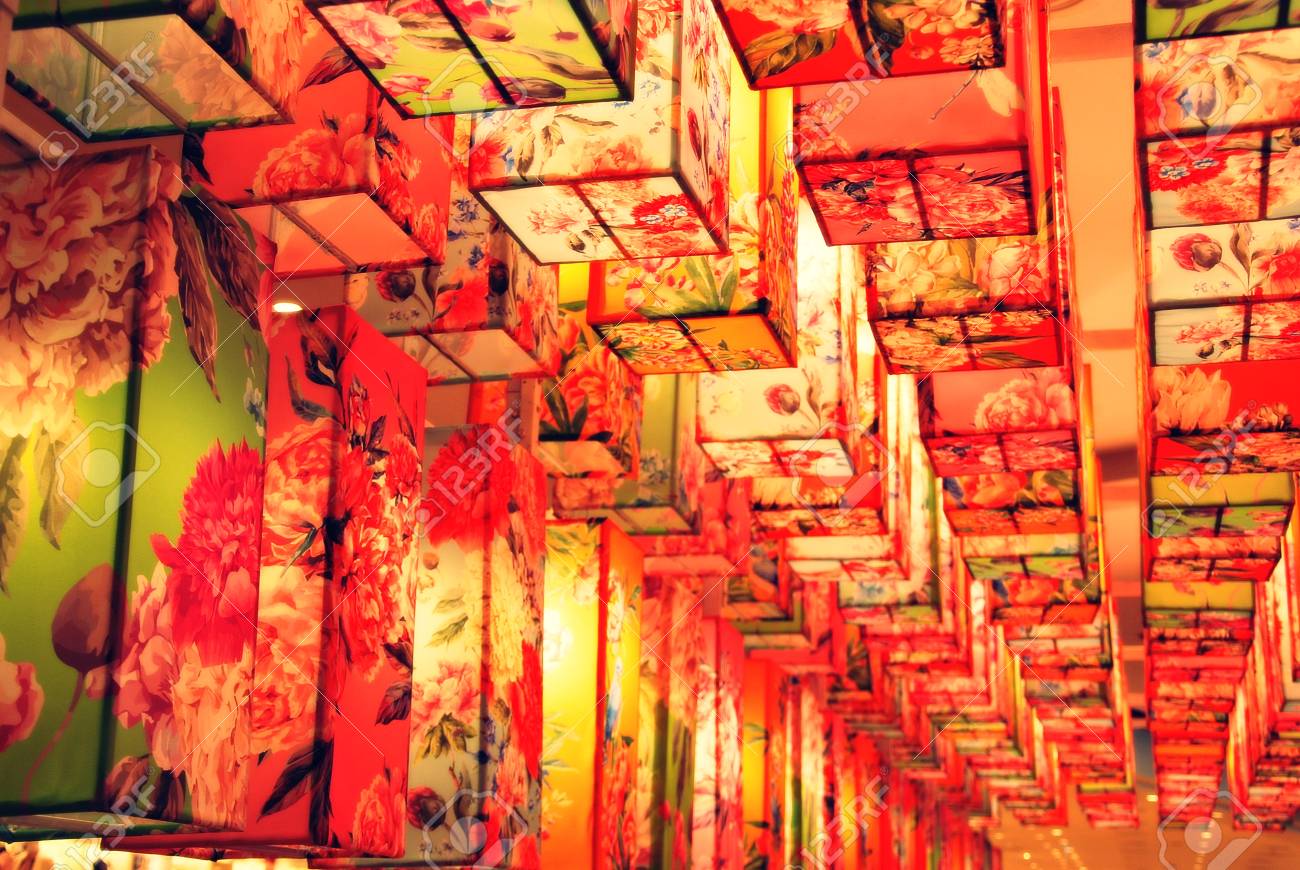 The Square Flower Lamp Colorful Paper Lanterns Floral Print Illuminated With Light At Night Stock Photo Picture And Royalty Free Image Image