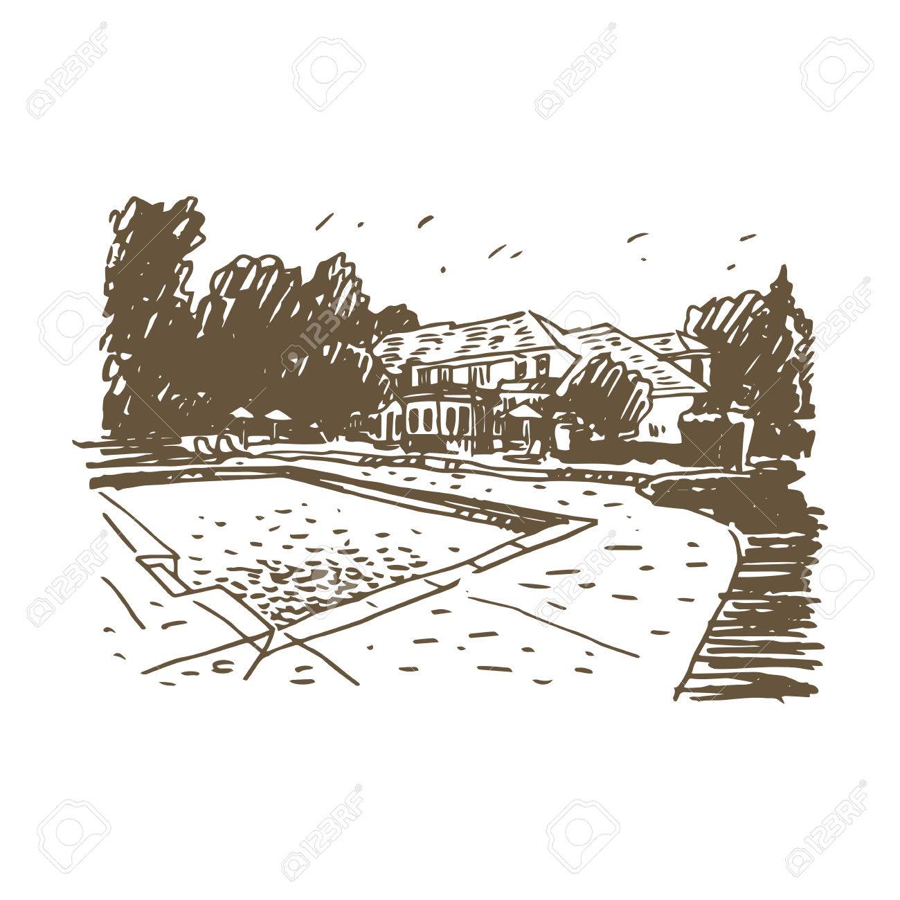 view of the cottage with pool vector freehand pencil outline sketch