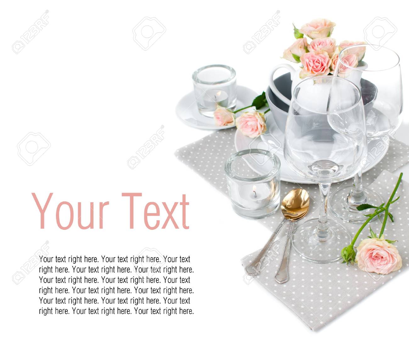 festive table setting template with roses and napkins on a white table setting template