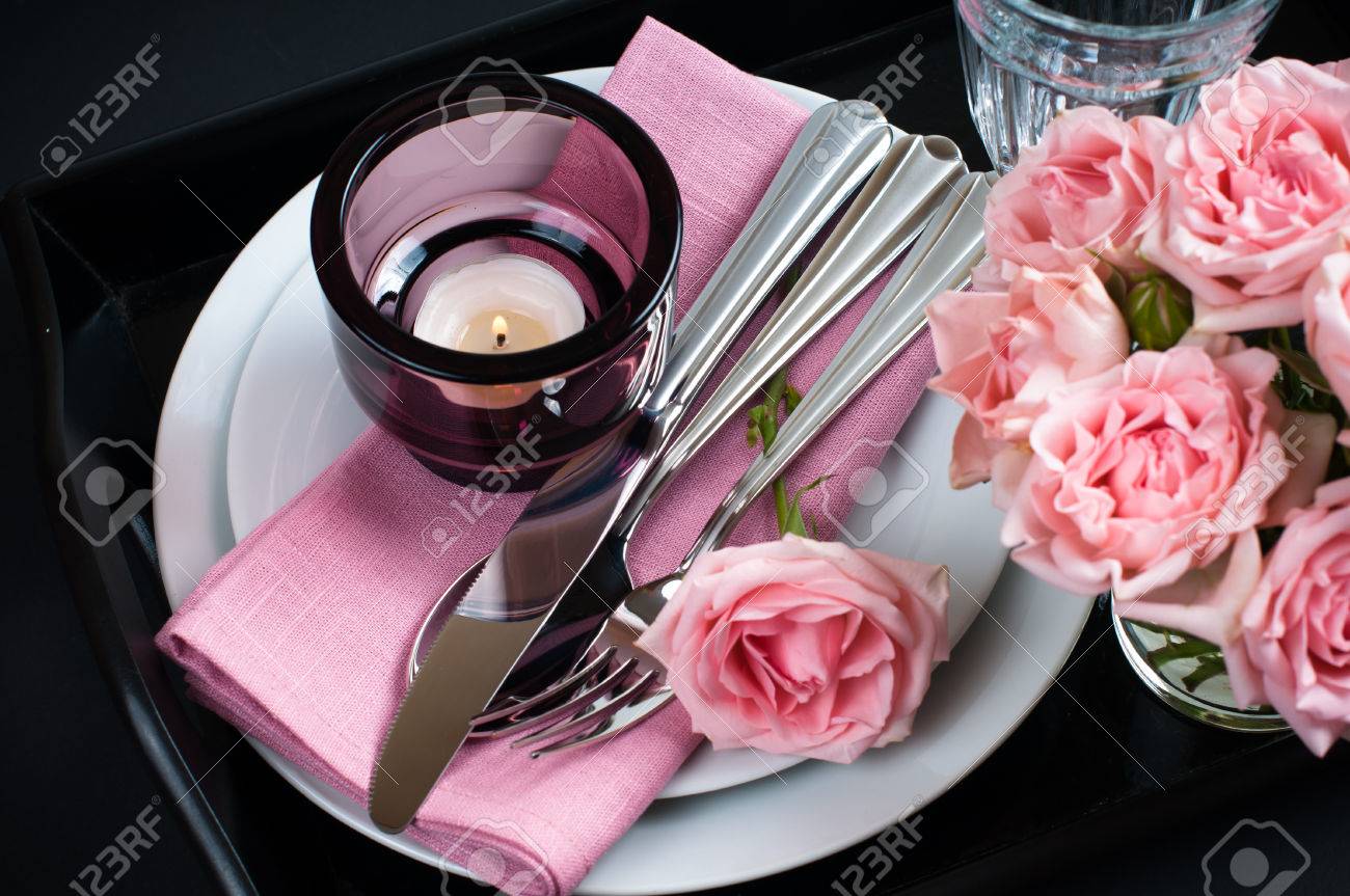 Luxury Festive Table Setting With Pink Roses, Candles And Shiny ... Luxury Festive Table Setting With Pink Roses, Candles And Shiny ...