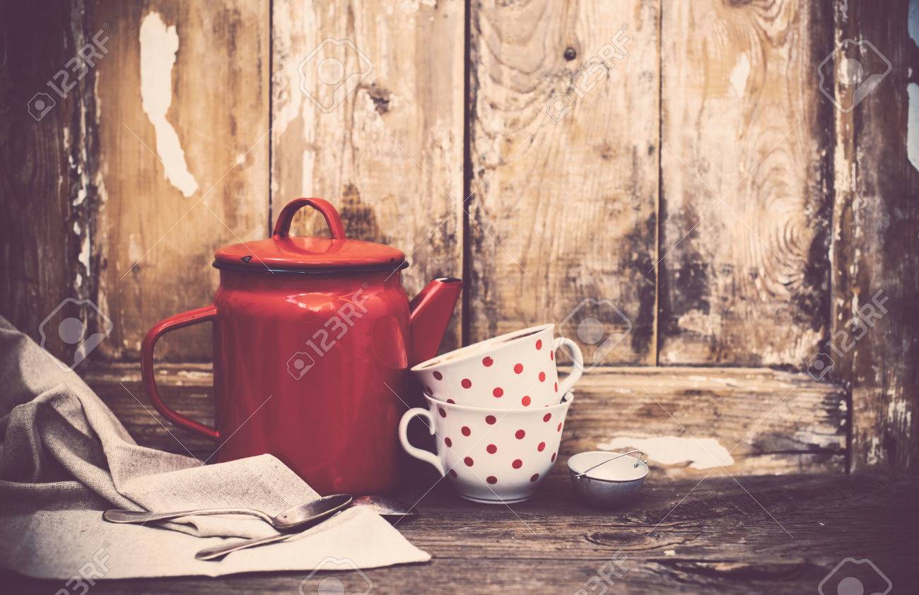 Vintage Kitchen Decor Red Enamel Coffee Pot And Cups With Polka
