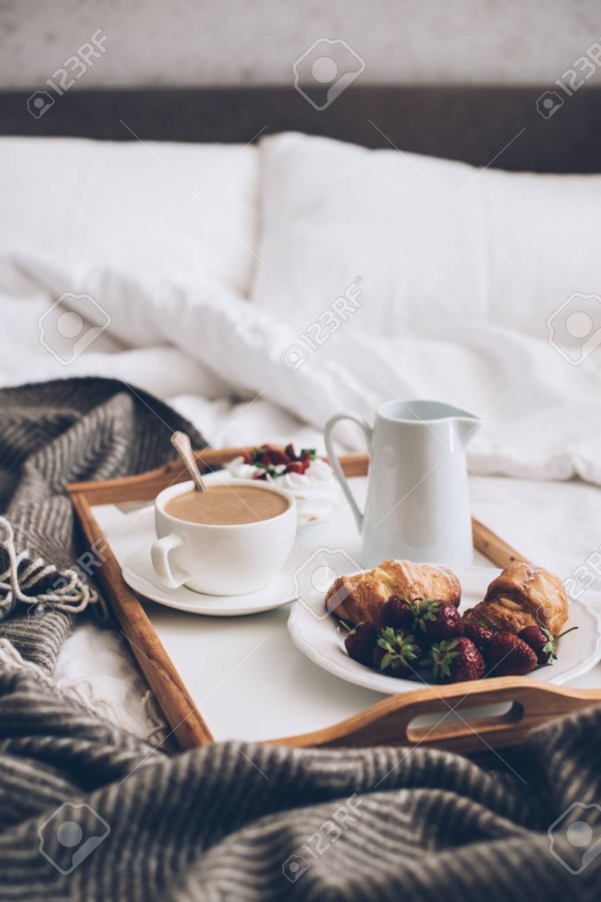 Traditional Romantic Breakfast In Bed In White And Beige Bedroom Stock Photo Picture And Royalty Free Image Image 103142346