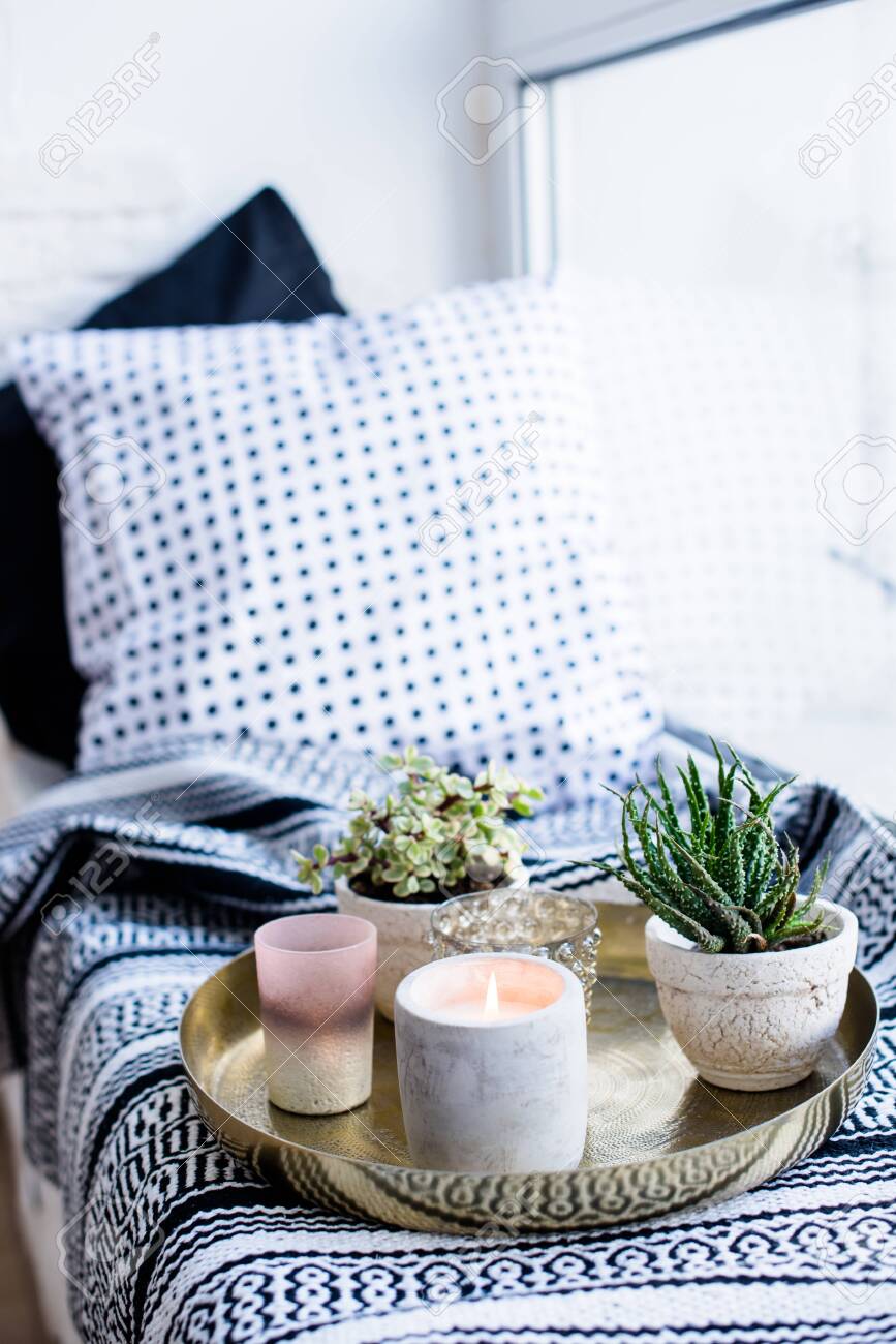 Real Apartment Interior Decor Aromatic Candles And Plants On