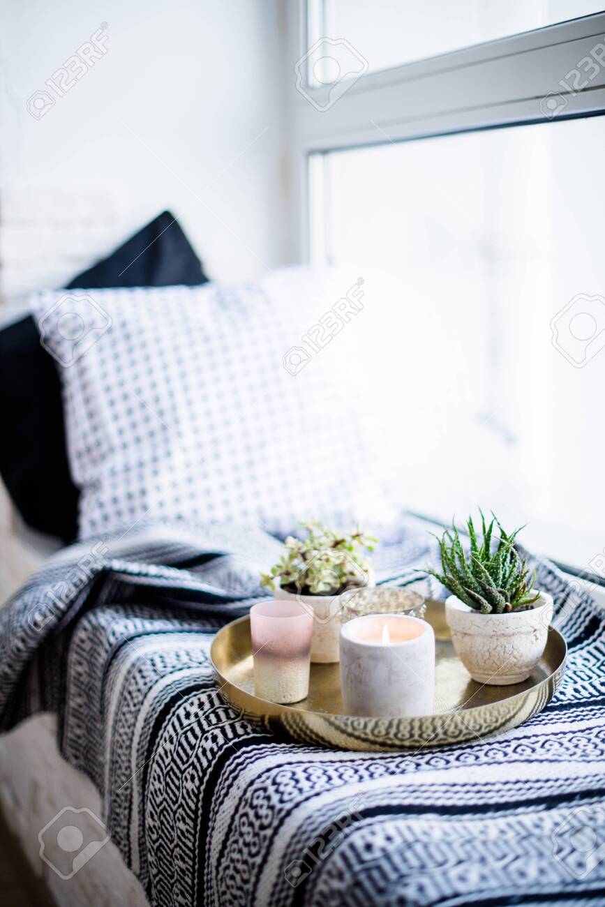 Real Apartment Interior Decor Aromatic Candles And Plants On