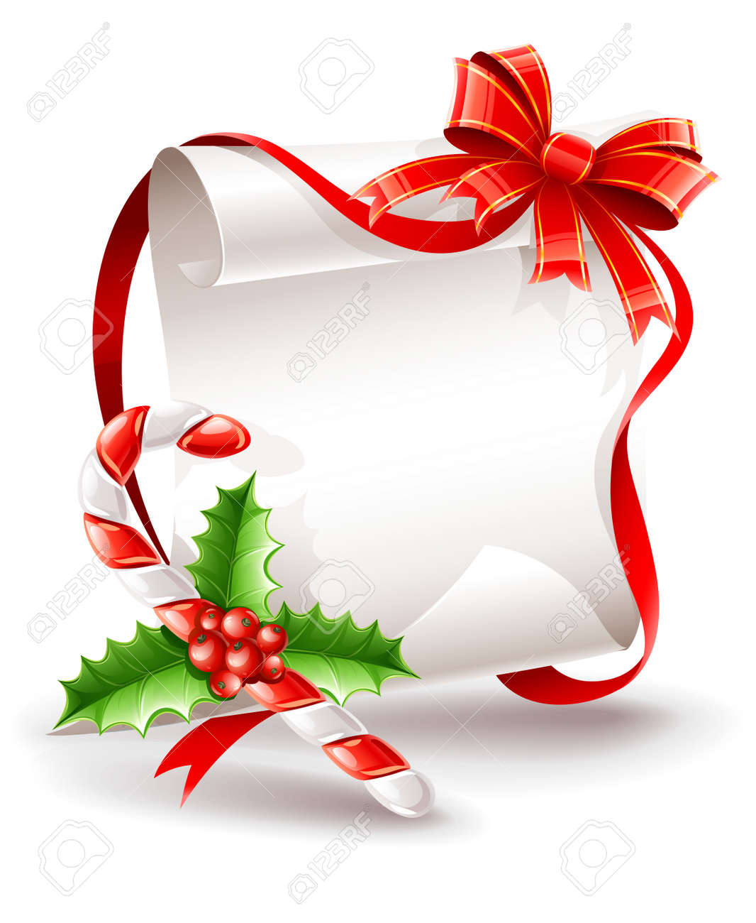 christmas greeting card with caramel cane bow and holly leaves illustration isolated on white background stock - Xmas Greeting Cards christmas greeting card with caramel cane bow and holly leaves illustration isolated on white background stock - Xmas Greeting Cards