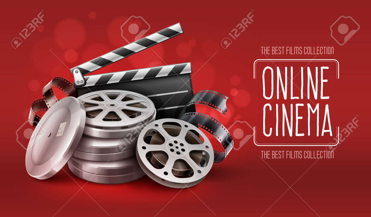 Online cinema with film movie tape disks in boxes and directors clapper for filmmaking - 49597624 Online cinema with film movie tape disks in boxes and directors clapper for filmmaking - 49597624
