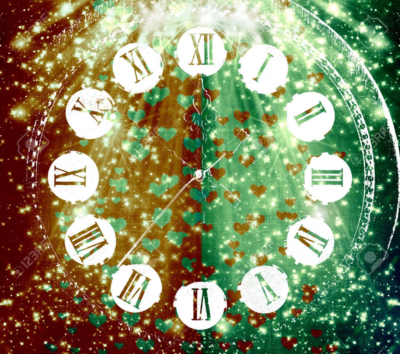 アンティーク時計の文字盤と色とりどりの抽象的な背景ぼかしボケ味とデザインのための心 の写真素材 画像素材 Image