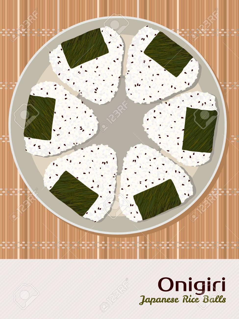 胡麻おにぎり 日本おにぎり ランチのテーマです 胡麻三角おにぎりは 海苔で包まれました 日本の竹マットの上アジアおやつプレート のイラスト素材 ベクタ Image