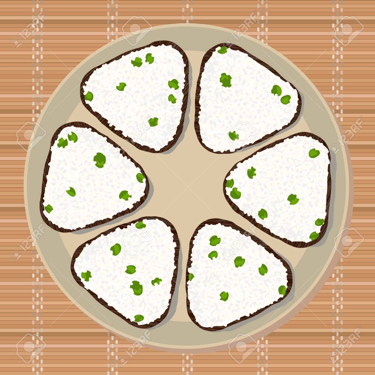 グリーン ピースとおにぎり 三角おにぎりは 海苔で包まれました イラスト 日本の料理 ランチのテクスチャです 日本の竹マットの上アジアおやつプレート のイラスト素材 ベクタ Image