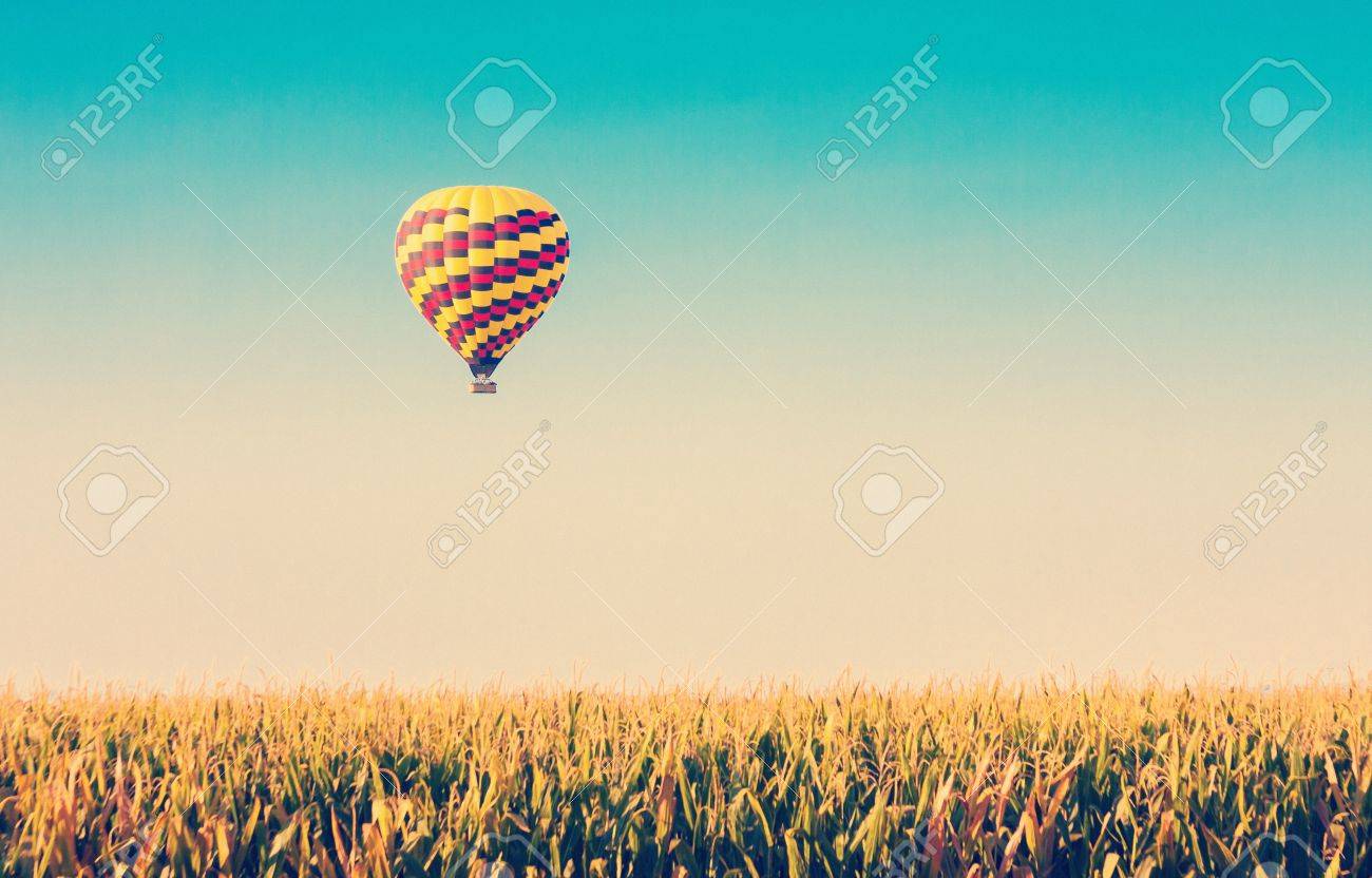 Hot air balloon flying over corn fields against blue sky in old style - 21167026 Hot air balloon flying over corn fields against blue sky in old style - 21167026