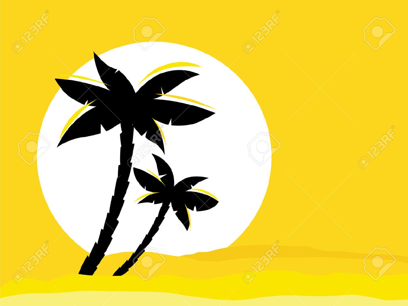 yellow desert sunrise background with black palm tree silhouette