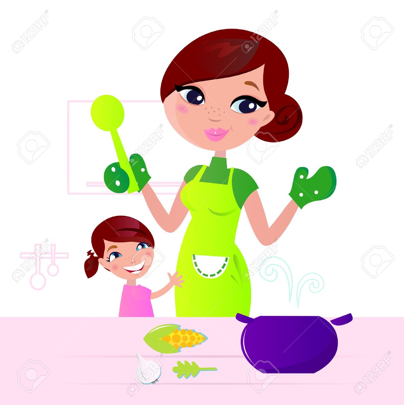 Mom And Child Cooking Together In Kitchen. Royalty Free SVG, Cliparts,  Vectors, and Stock Illustration. Image 10537284., image size:1294x1300