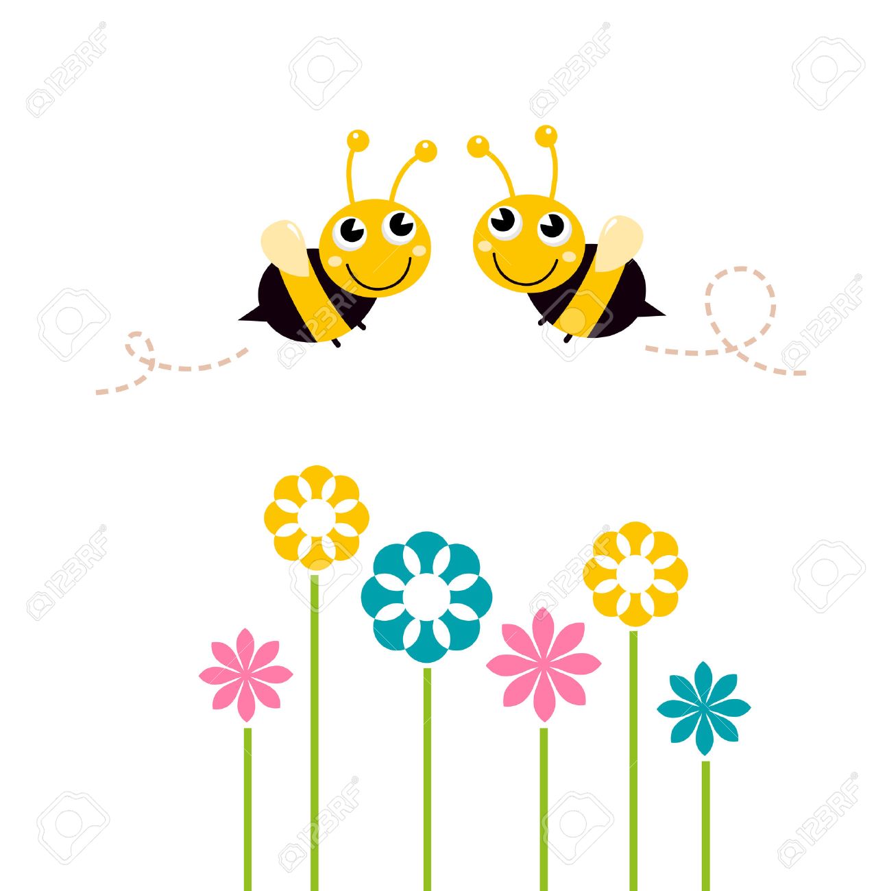 Les abeilles qui volent autour de belles fleurs Illustration Vecteur de dessin animé Banque d\u0027