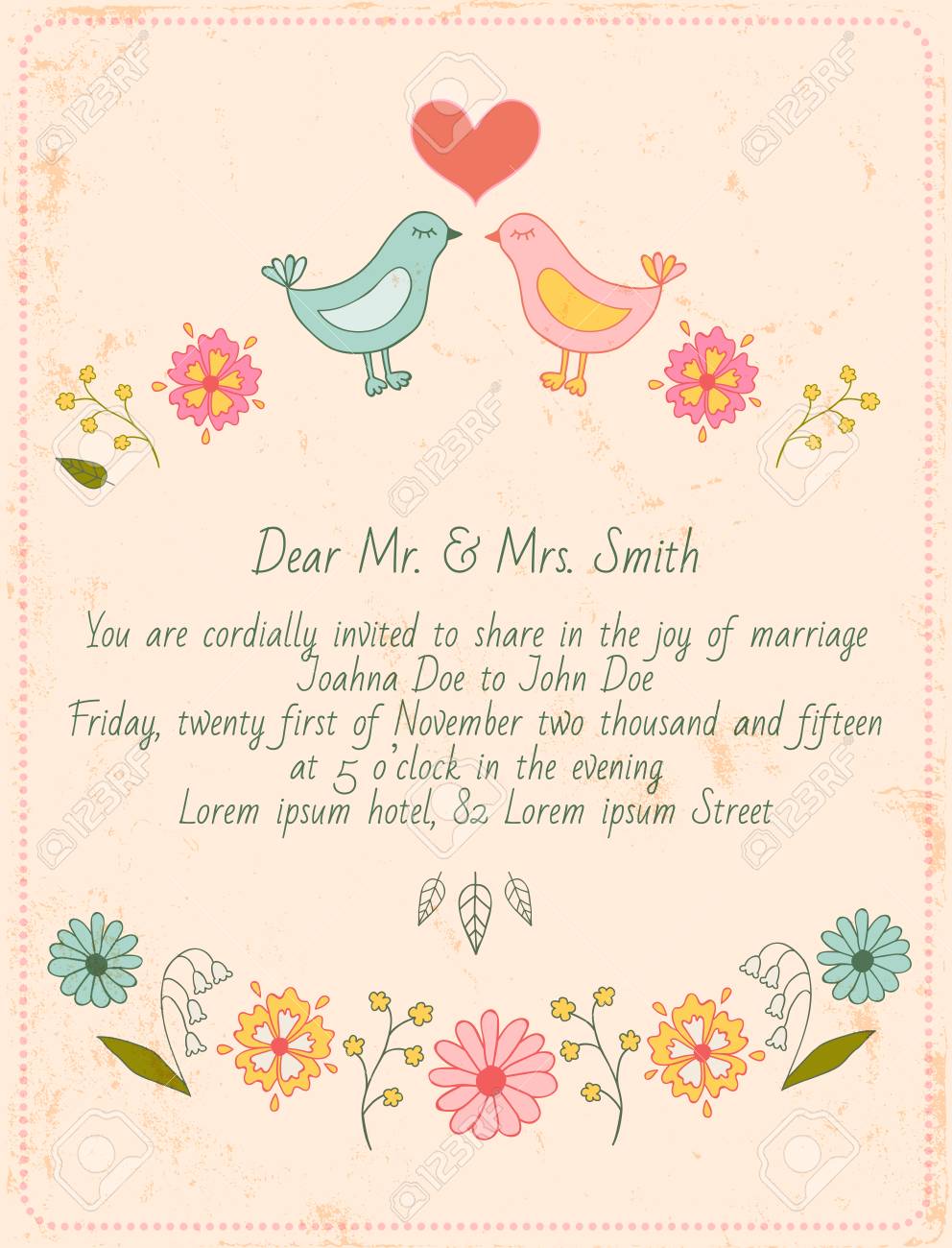 beautiful wedding invitation template in doodle style with birds cordially invited template