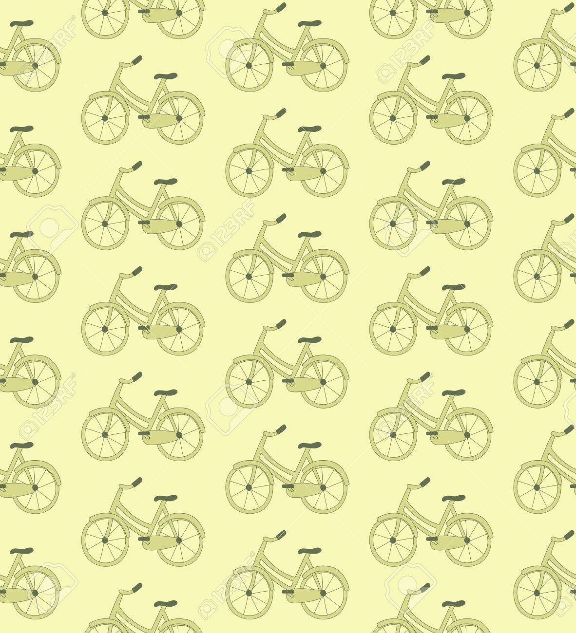 美しいレトロなスタイルの自転車の画像をシームレスなパターンをベクトル 柔らかく落ち着いた緑色の配色で作成されます 自転車は手描きで 落書きのスタイルを表しています のイラスト素材 ベクタ Image