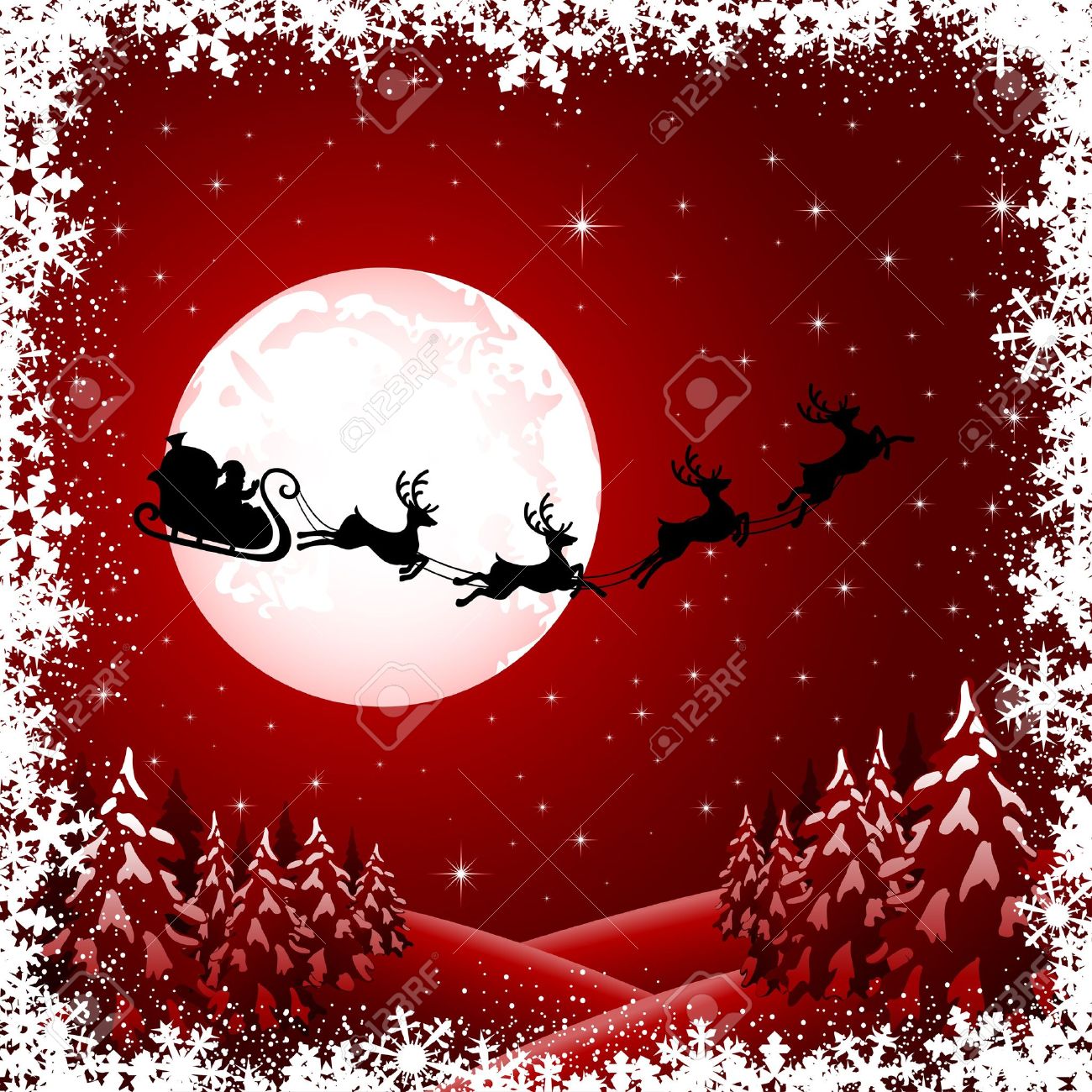 サンタのそり クリスマス ツリーと星の図の背景のイラスト素材 ベクタ Image