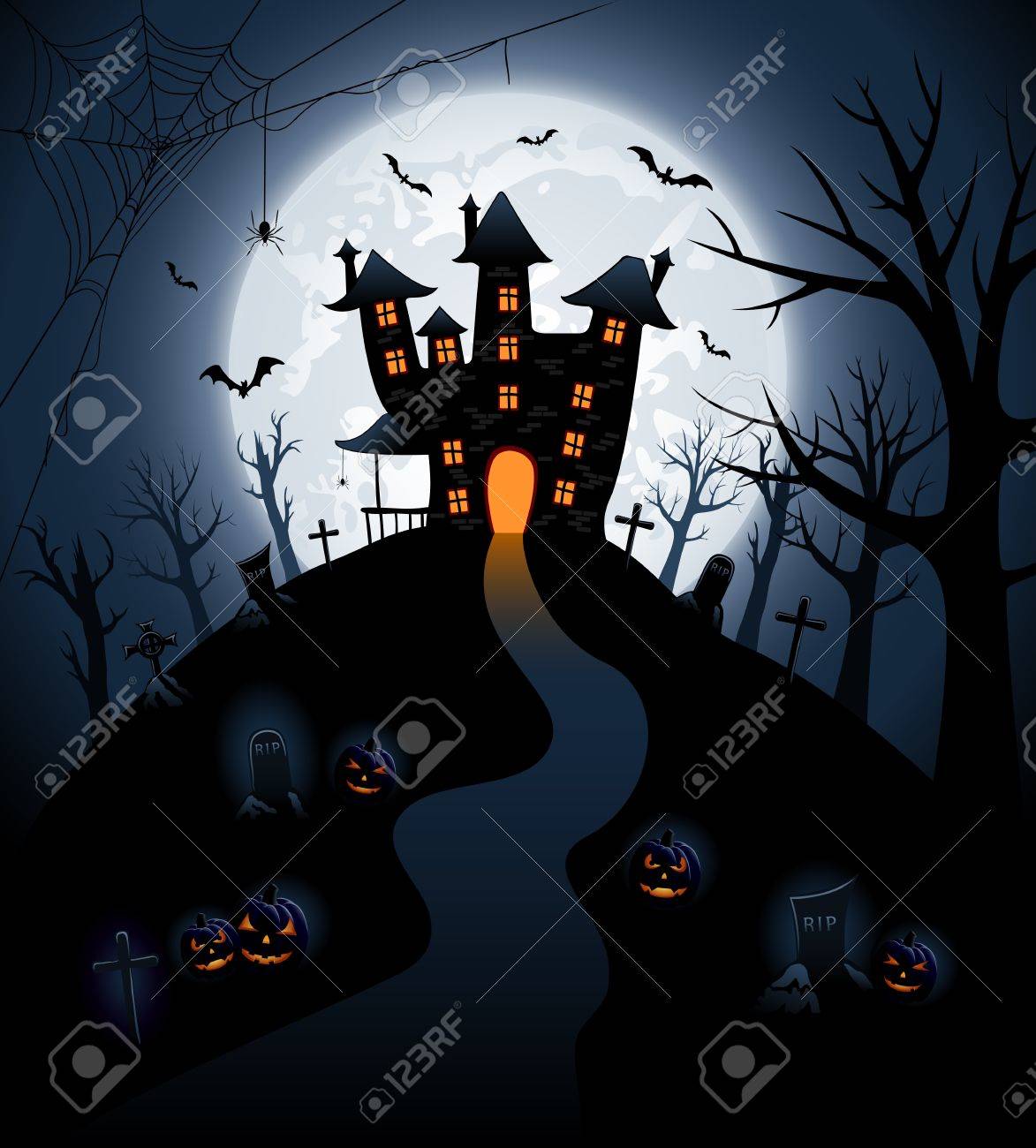 ハロウィーンの夜背景城とカボチャ イラストのイラスト素材 ベクタ Image