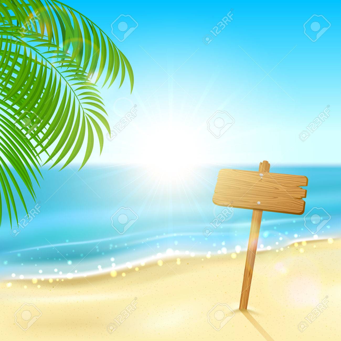 トロピカルなバックに輝く海と木の看板 イラスト のイラスト素材 ベクタ Image
