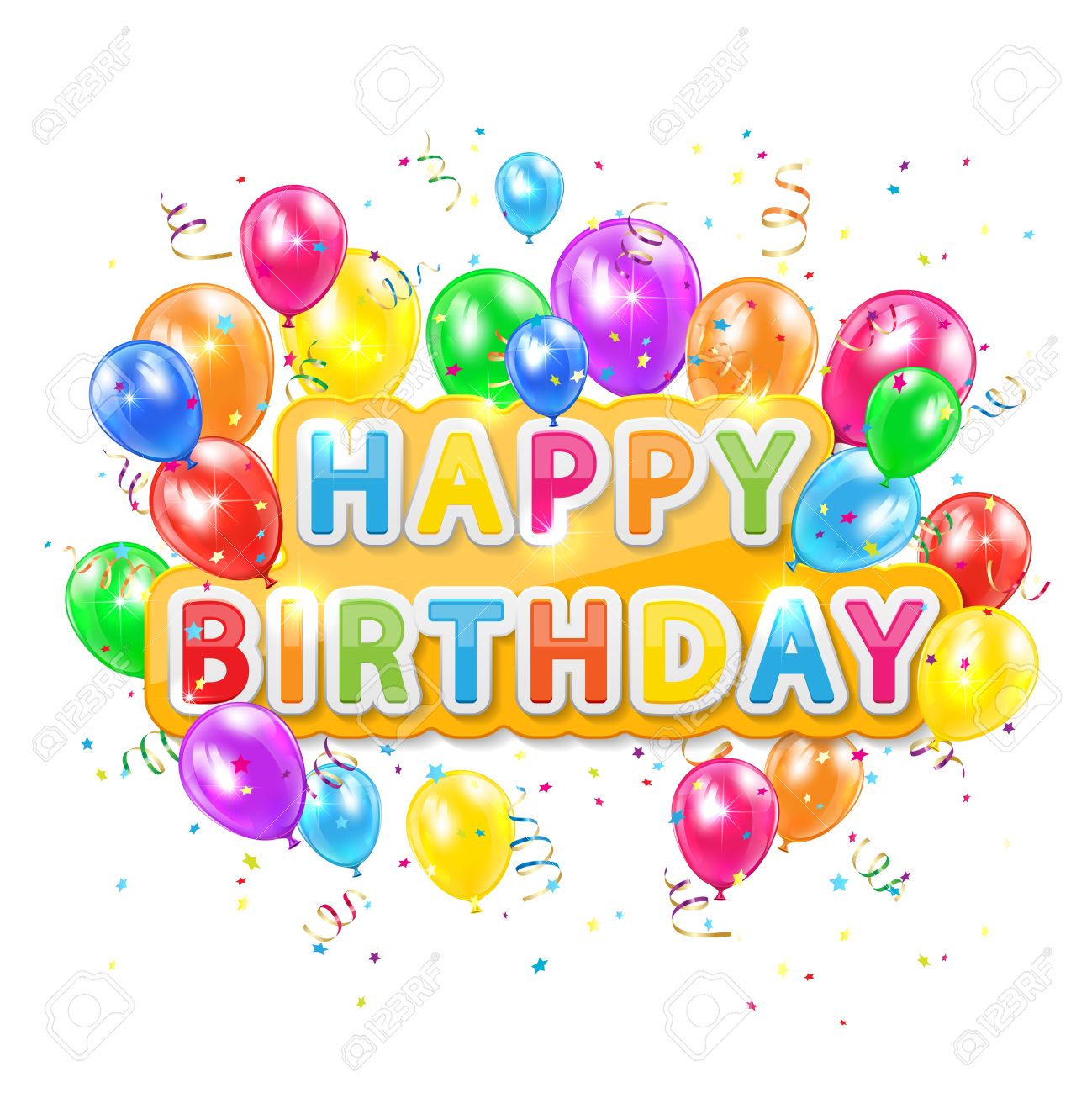 the words happy birthday with balloons confetti and tinsel on