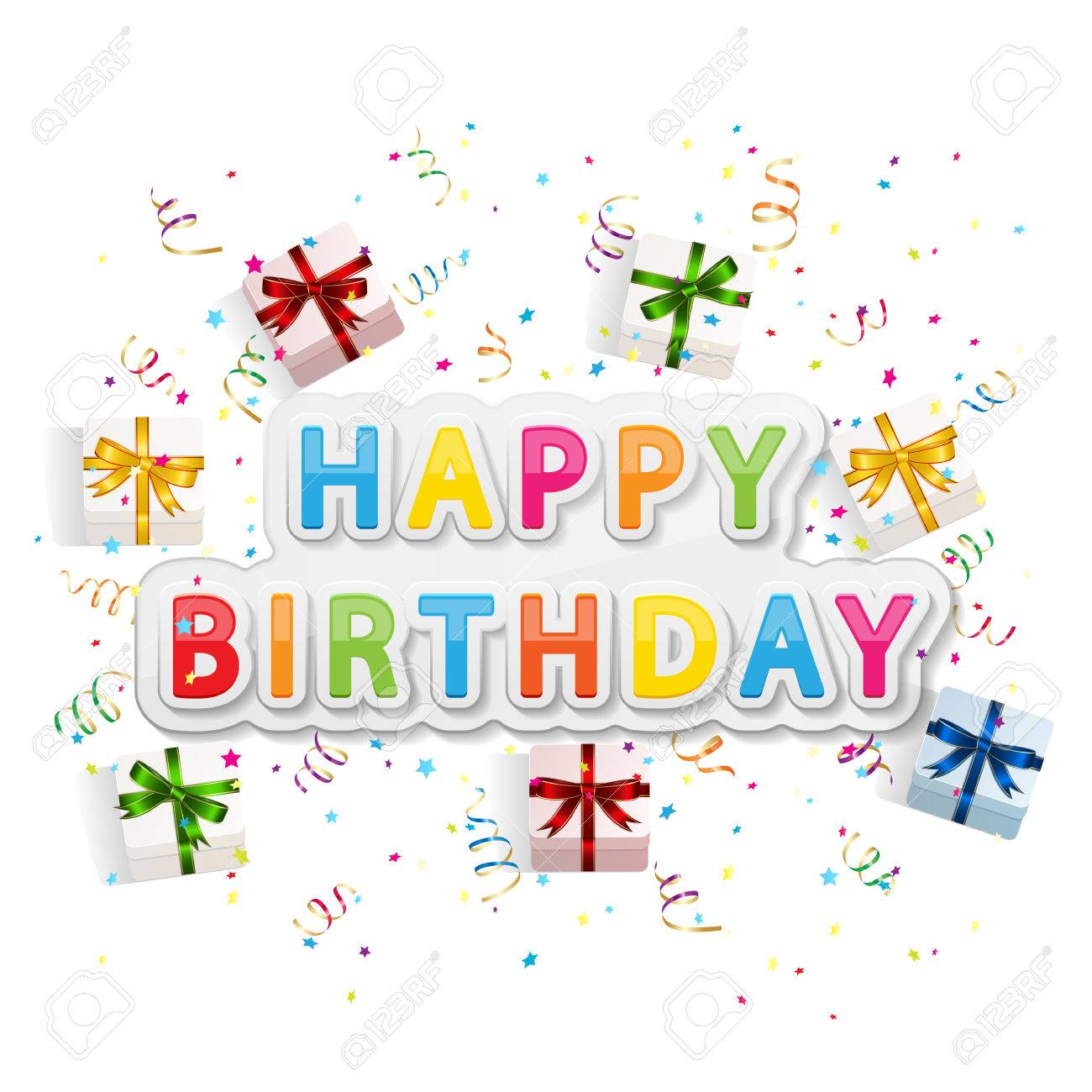 the words happy birthday with gift boxes confetti and tinsel