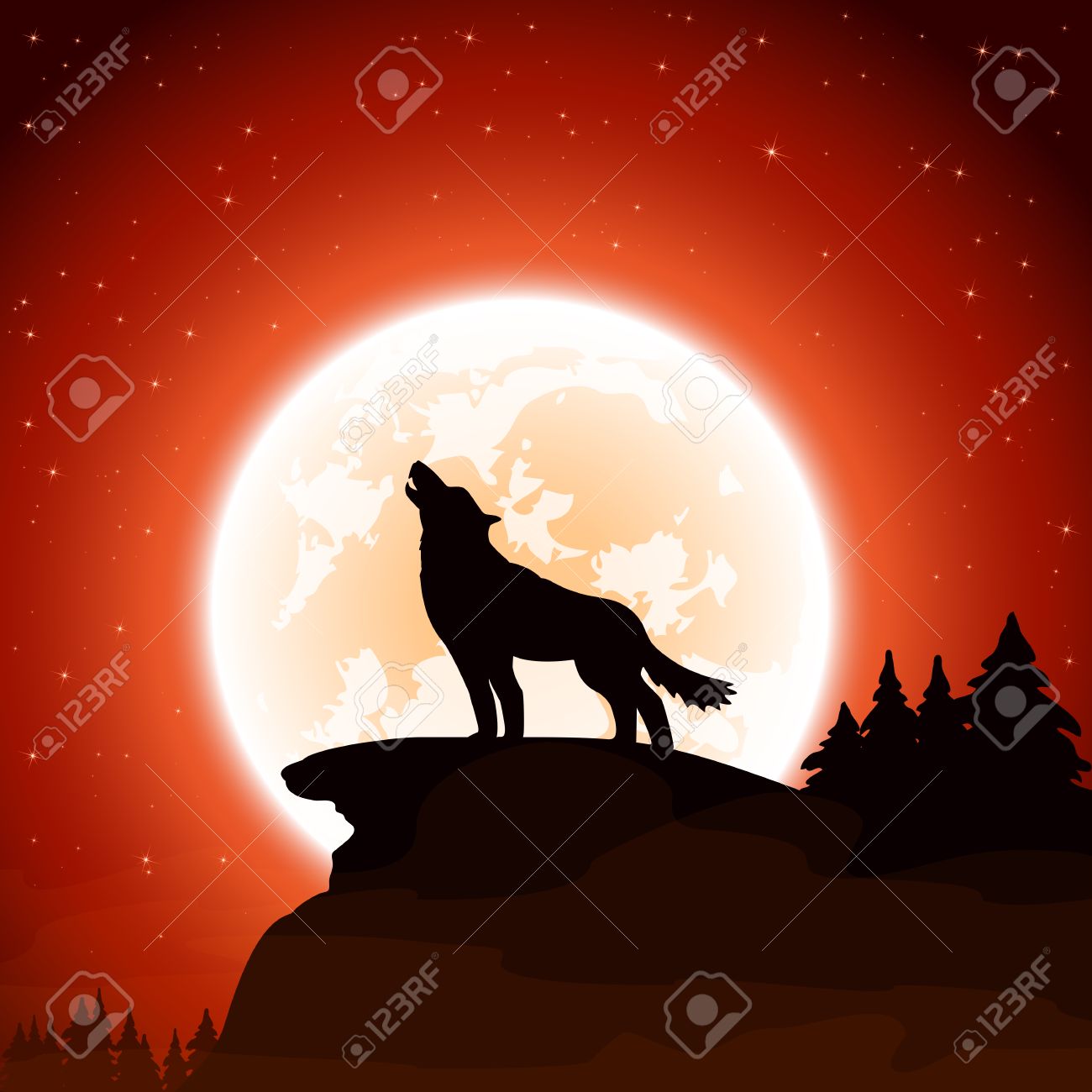 オオカミと月とオレンジのハロウィンの夜背景 のイラスト素材 ベクタ Image